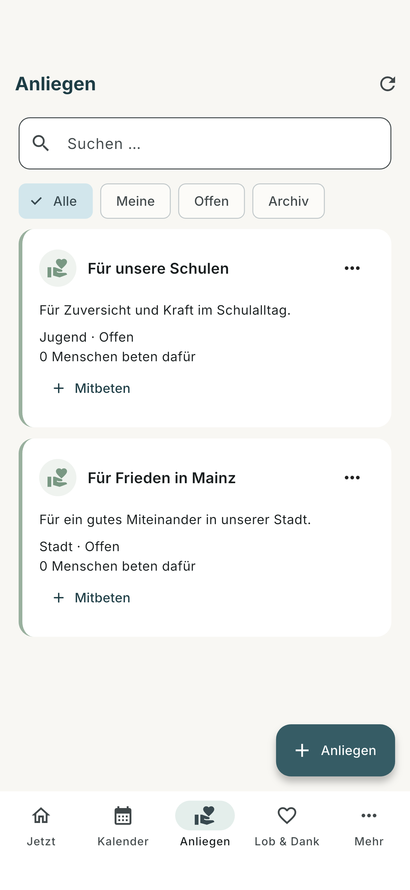 Gebetsanliegen in der StadtGebet-App
